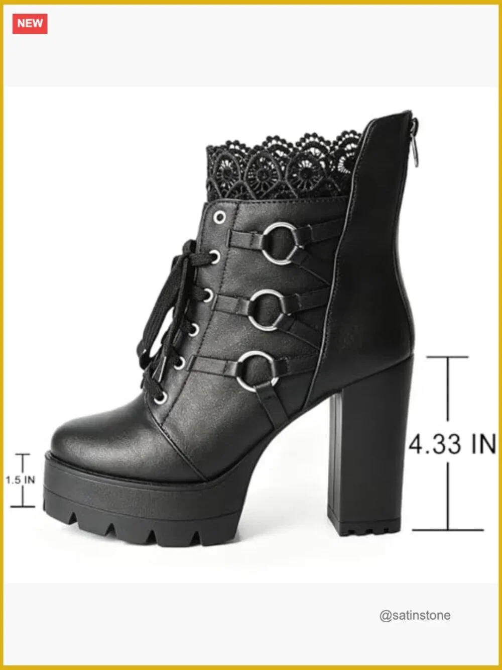 Chunky Heel Lace Up Ankle Boots with Zipper Round Toe Goth Punk Platform Booties - Picture 5 of 7